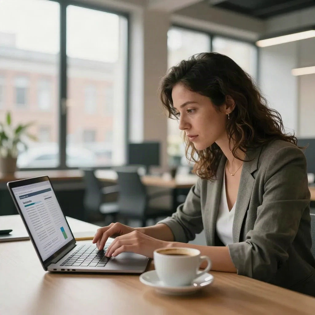 Product marketing manager reviewing competitor intelligence analysis on laptop