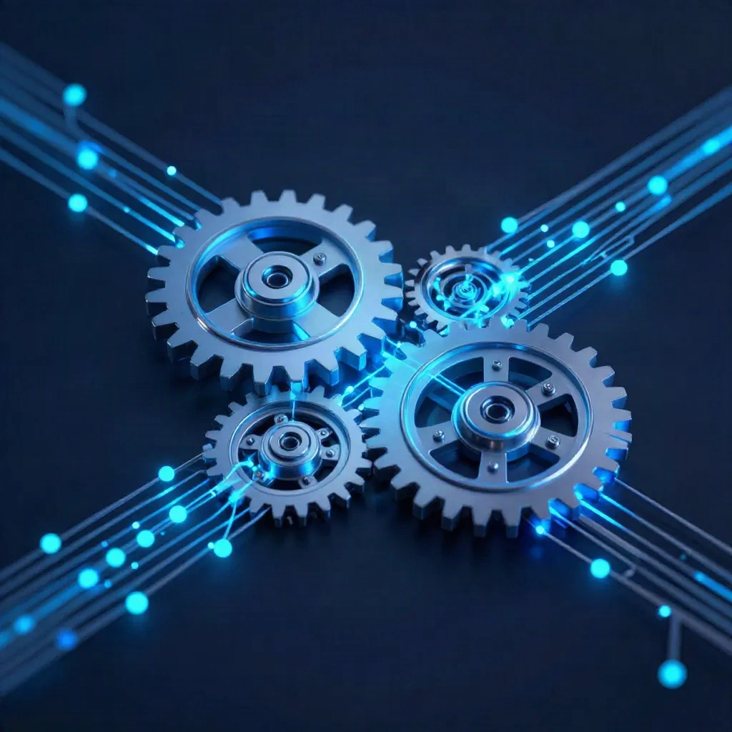 Autonomous AI agent workflow: interconnected nodes showing multi-step task execution pipeline