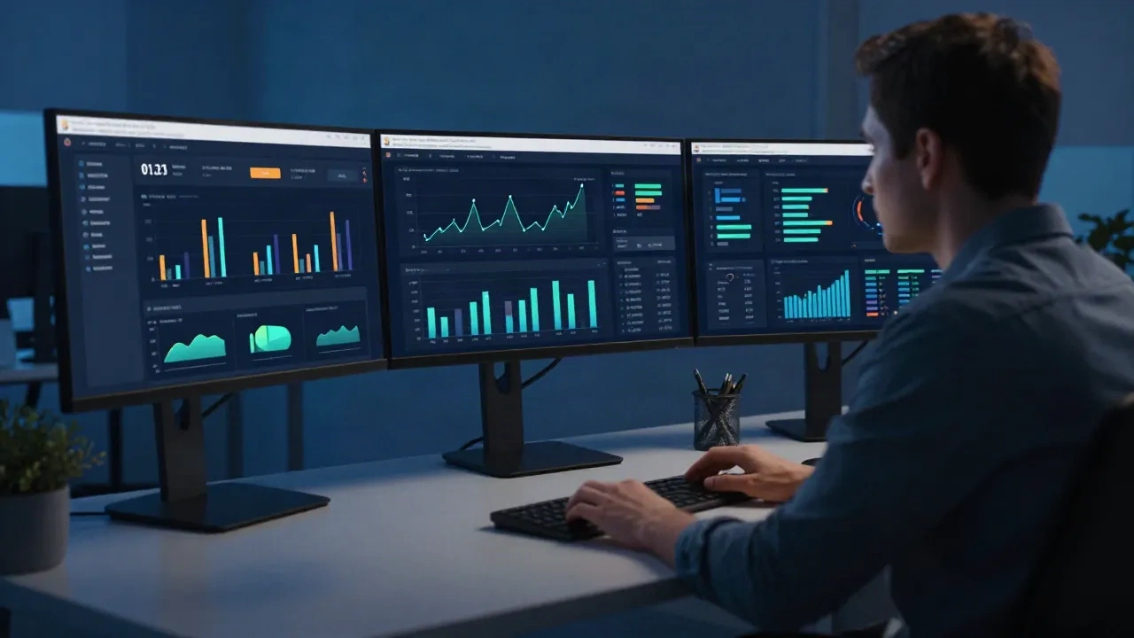 Growth marketer analyzing social media competitor data on multiple screens