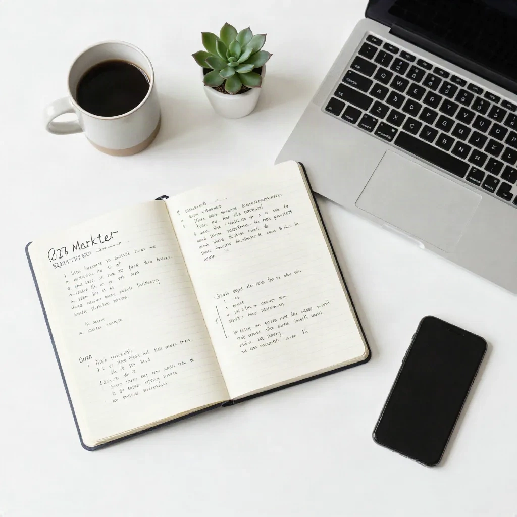 B2B marketer workspace flat lay with notebook and laptop for strategic content planning