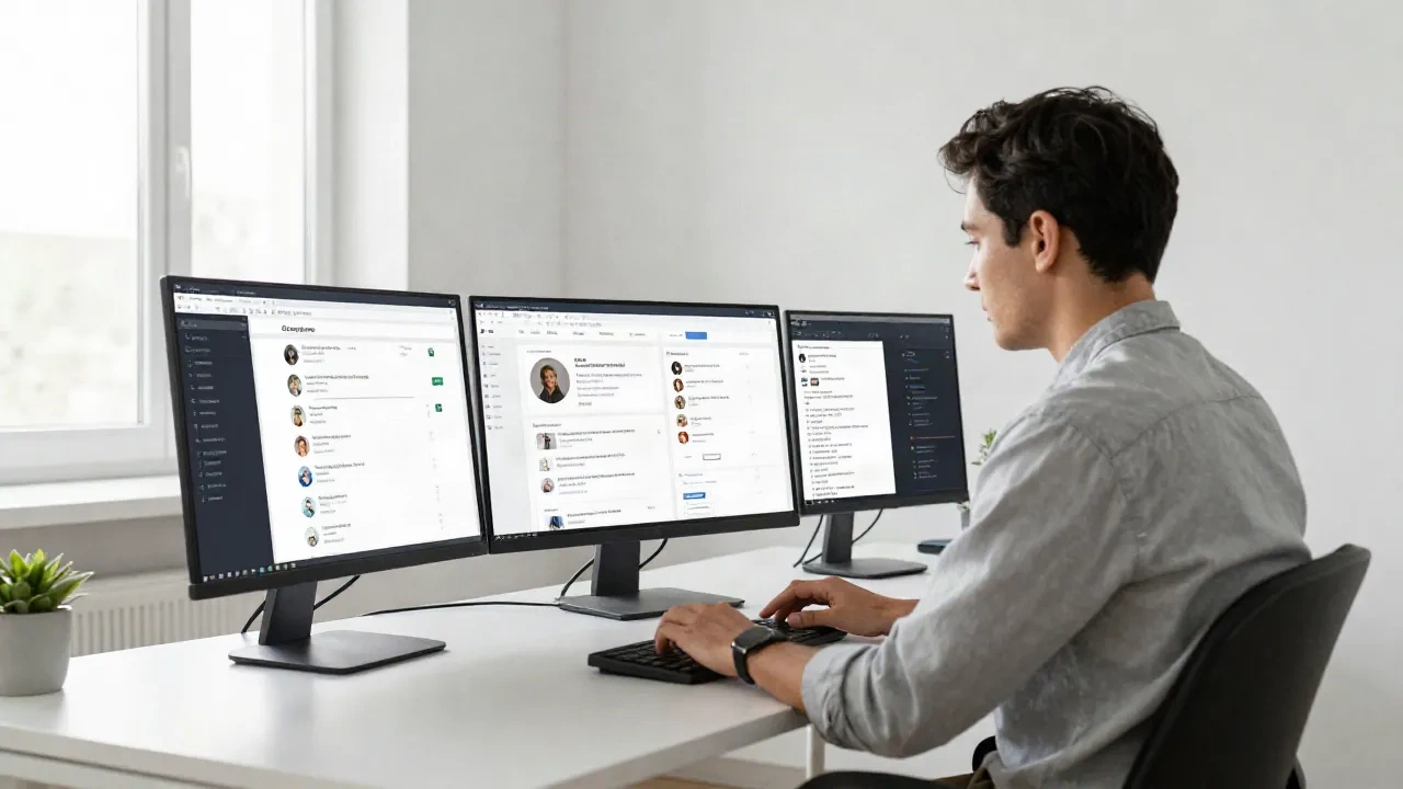 Growth marketer reviewing SEO analytics and social conversation signals at a modern desk