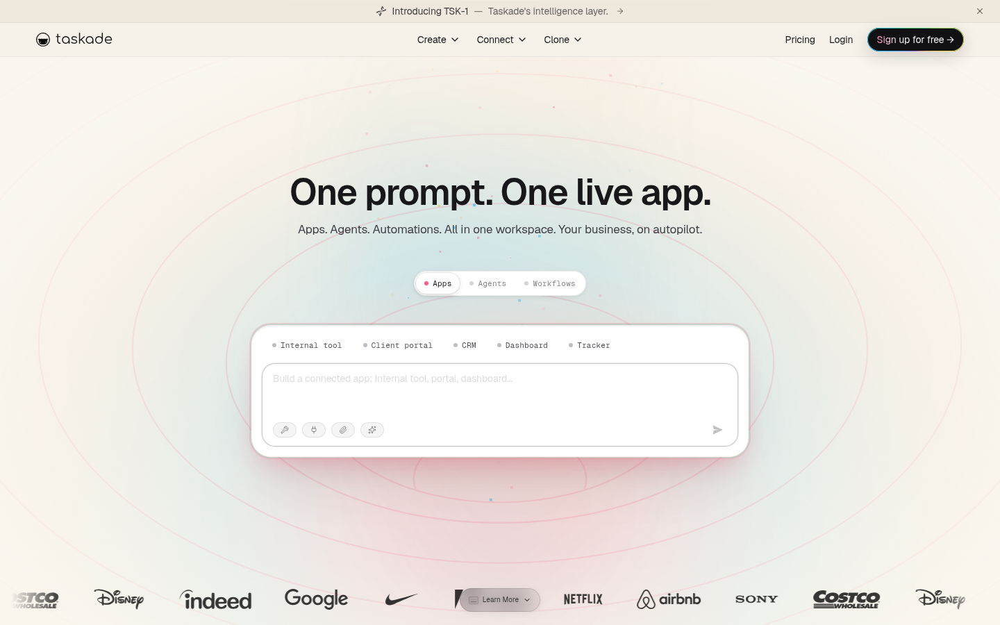 Taskade Genesis AI-agenter, startsida