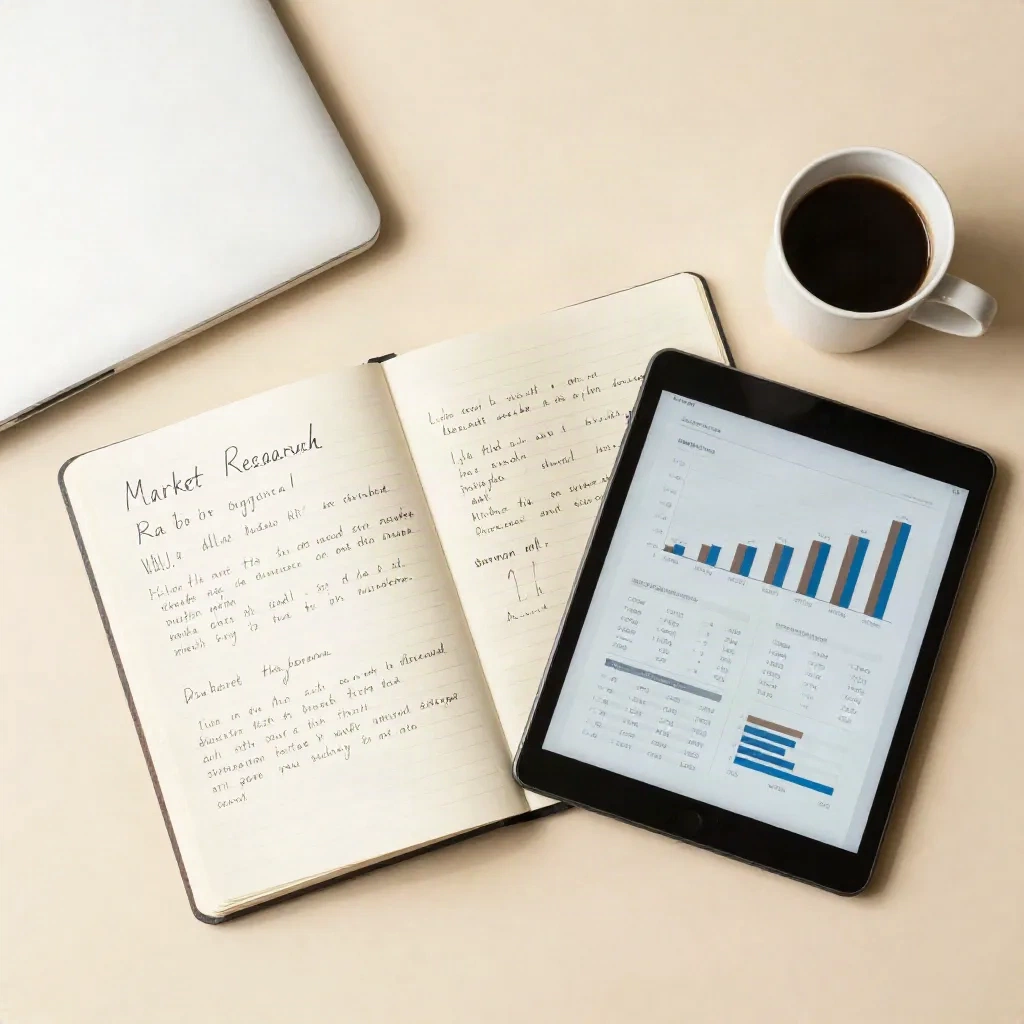 Market researcher workspace flat lay with notebook, tablet showing charts, and coffee on a minimal desk
