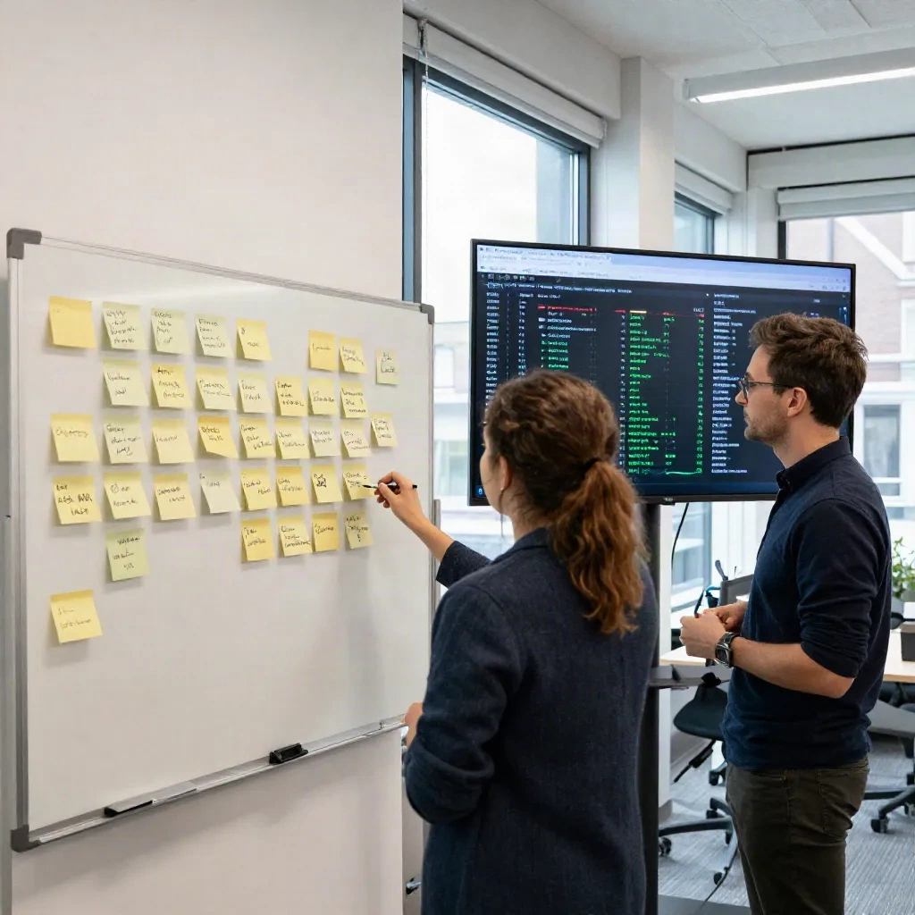 Growth team collaborating around a whiteboard and live social data screen in a modern Amsterdam office