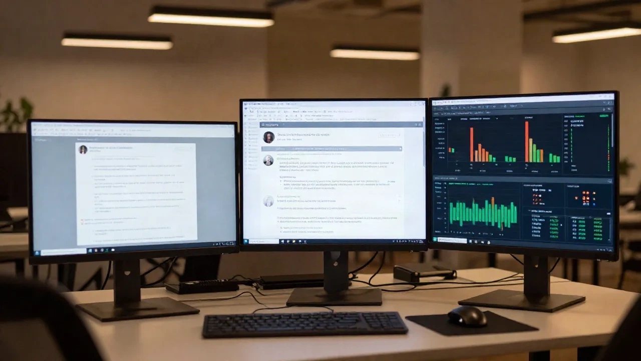 B2B-Datenanalyst an einem Multi-Monitor-Schreibtisch mit Social-Signal-Dashboards in einem europäischen Büro