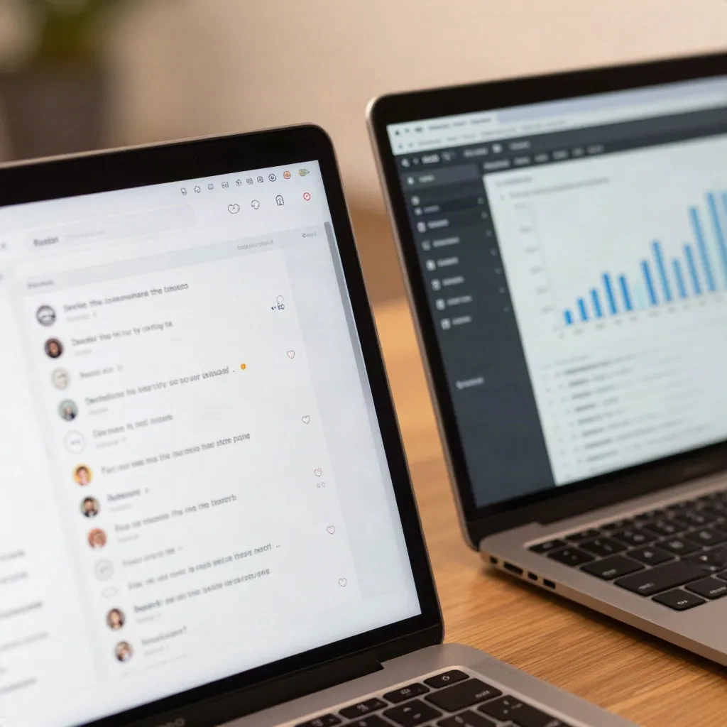 Side-by-side view of Reddit conversation threads and SEO analytics dashboard on laptops