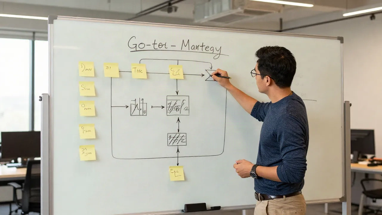 PMM skizziert eine GTM-Strategie auf einem Whiteboard in einem B2B SaaS-Büro
