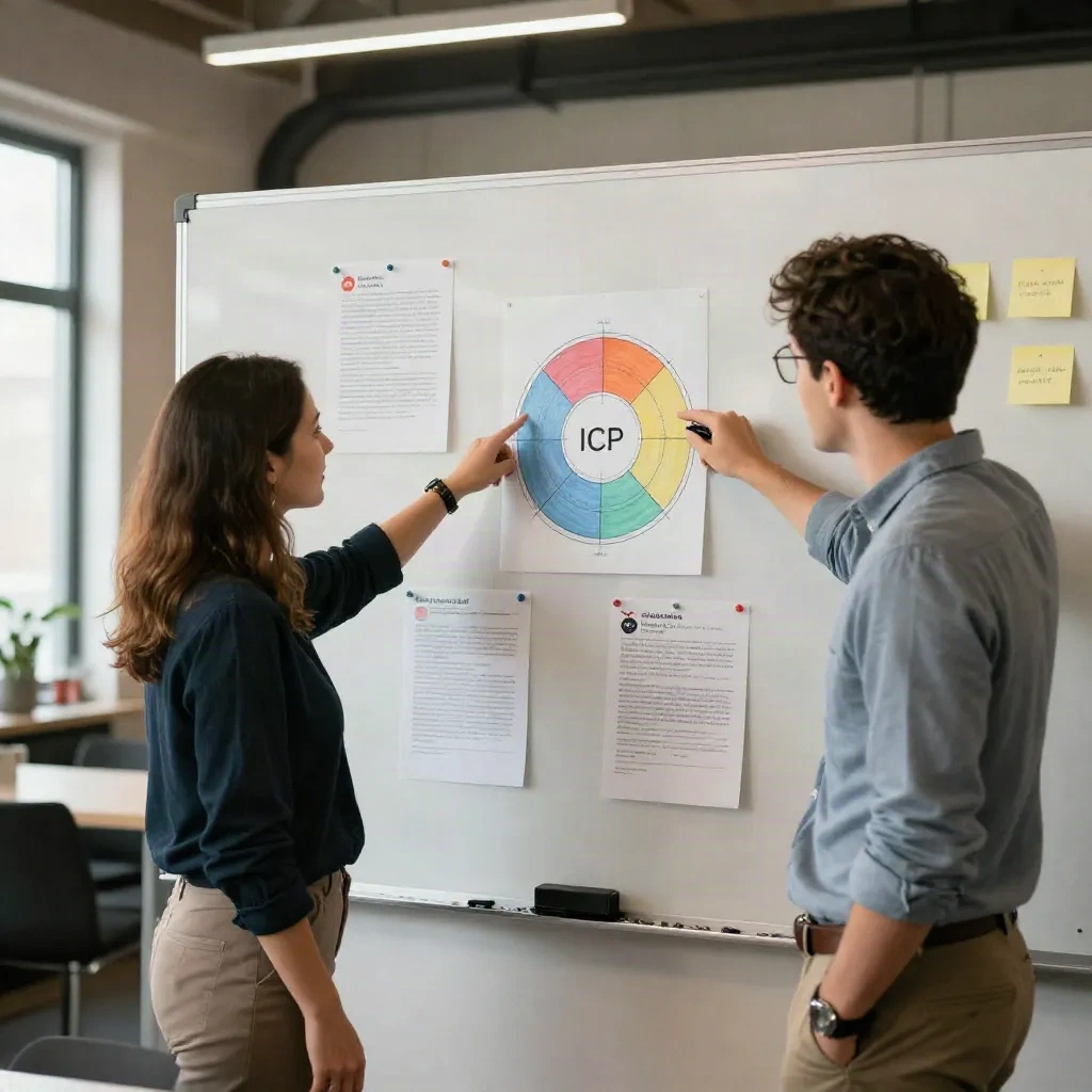 Two startup founders reviewing ICP segment diagrams and social signal research on a loft whiteboard
