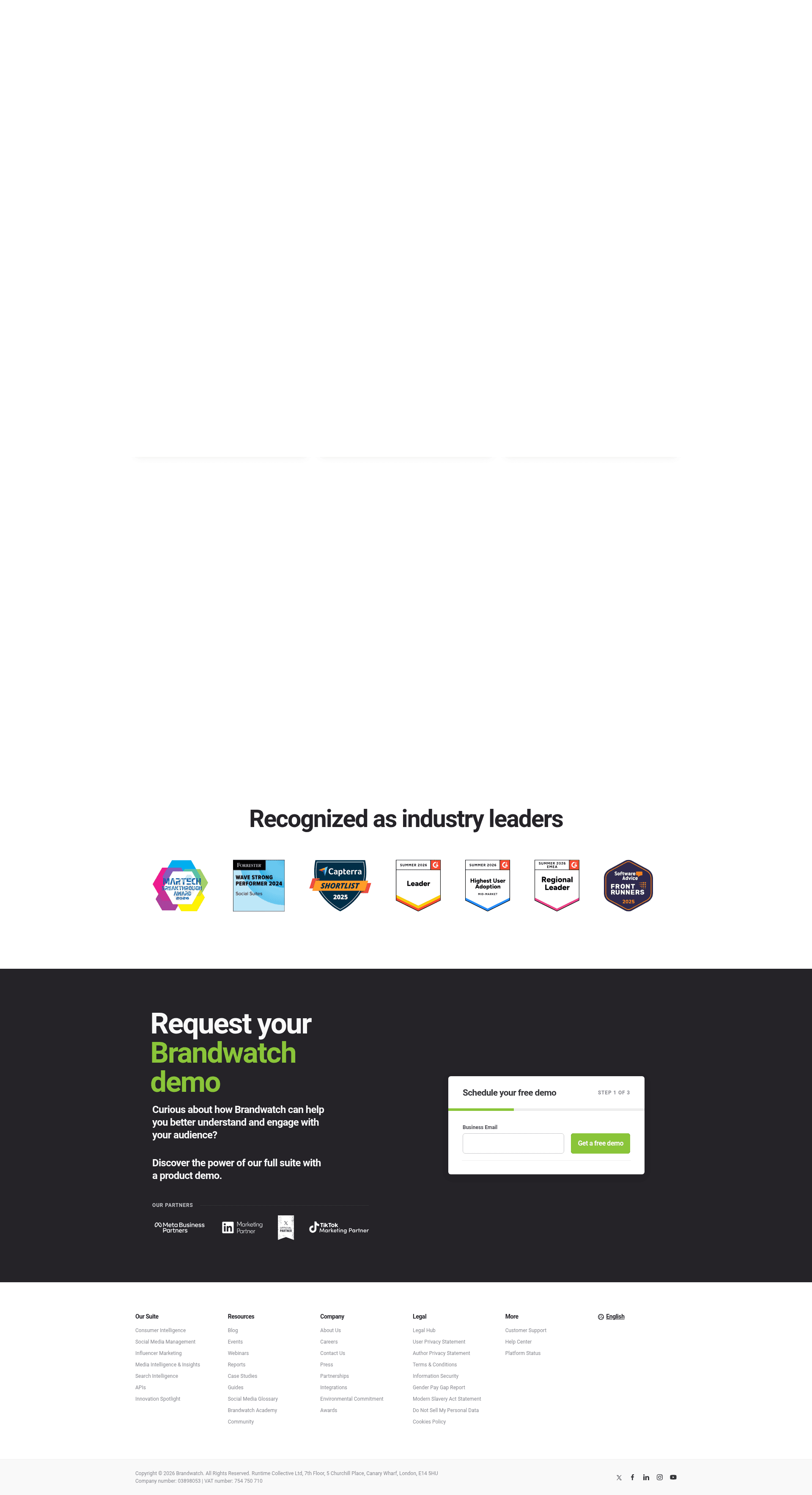 Brandwatch pricing page showing a demo-request form instead of published rates