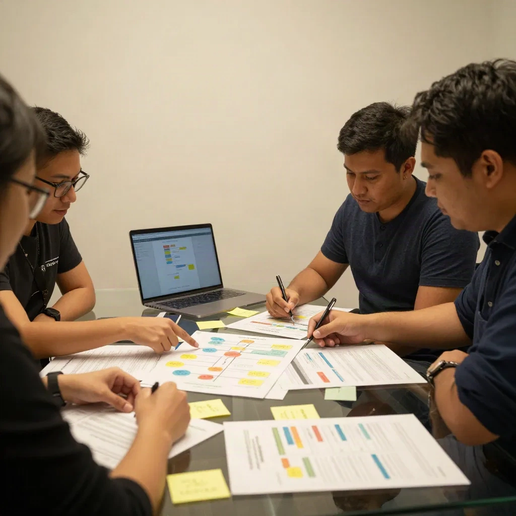 B2B-Startup-Team reviewt GTM-Strategie-Dokumente in Konferenzraum