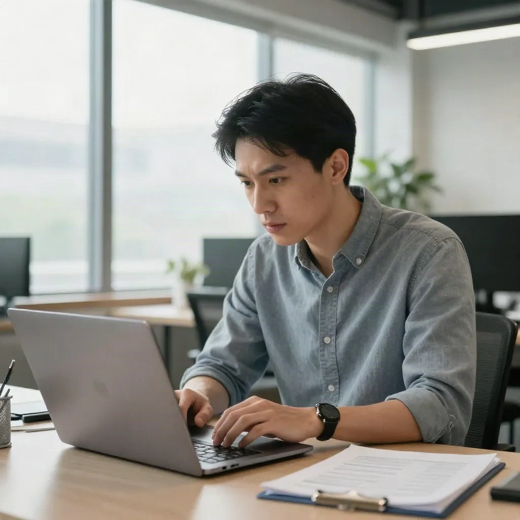 A B2B PMM reviewing competitor signal data on a laptop in a modern open office, photo-realistic, natural side lighting