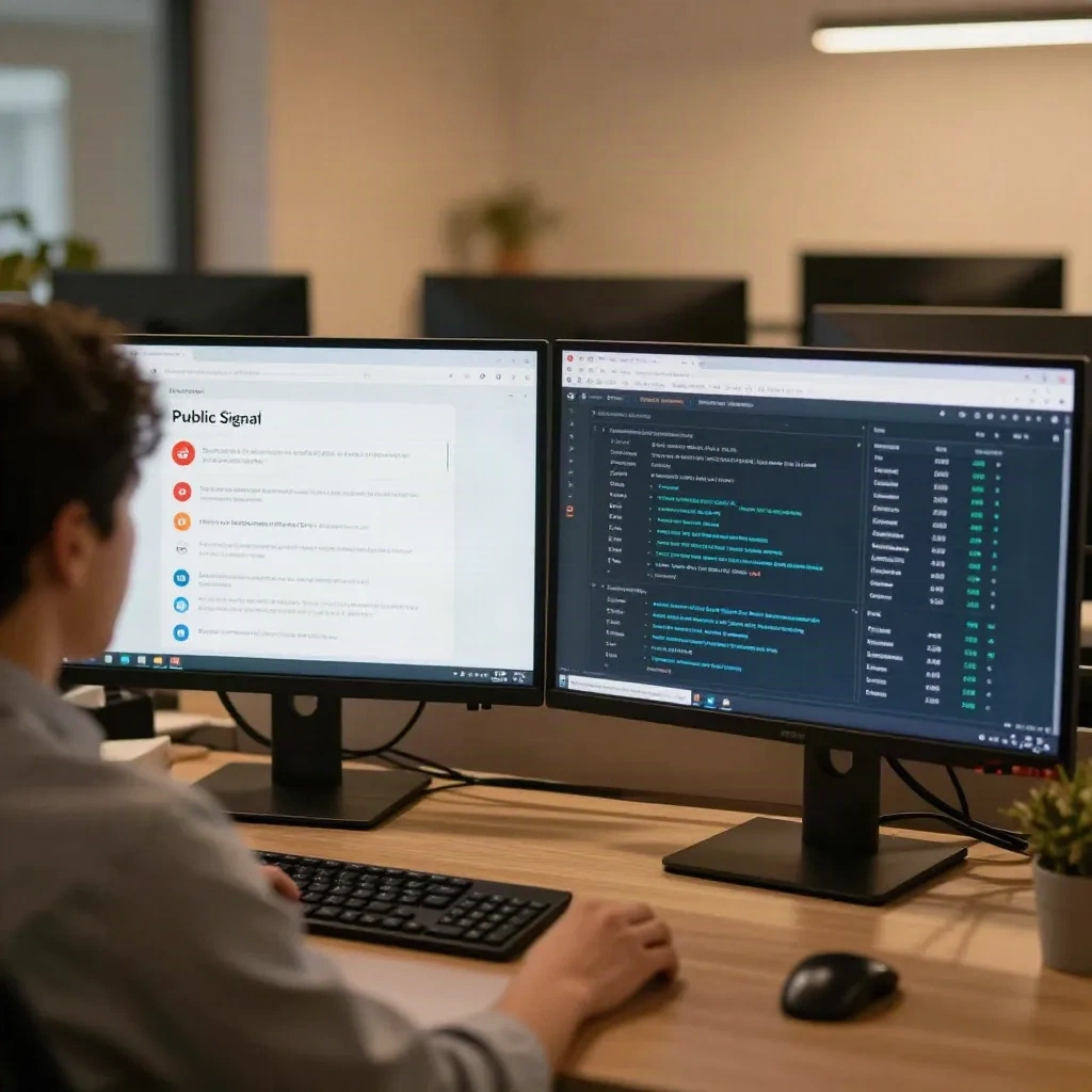 A B2B growth analyst reviewing public signals from Reddit and LinkedIn on two screens, photo-realistic, warm ambient light