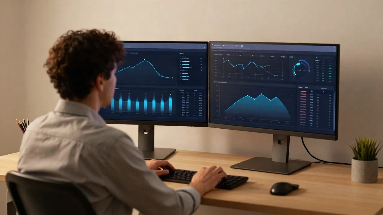 B2B growth analyst at a workstation reviewing competitor intelligence signals