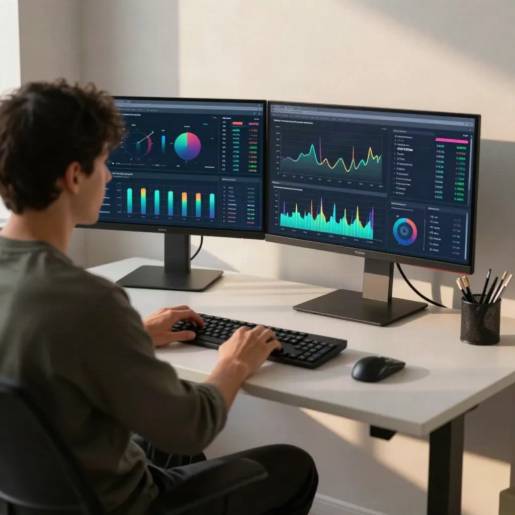 Growth Professional reviewt KPI-Dashboard auf Dual Monitoren am Standing Desk