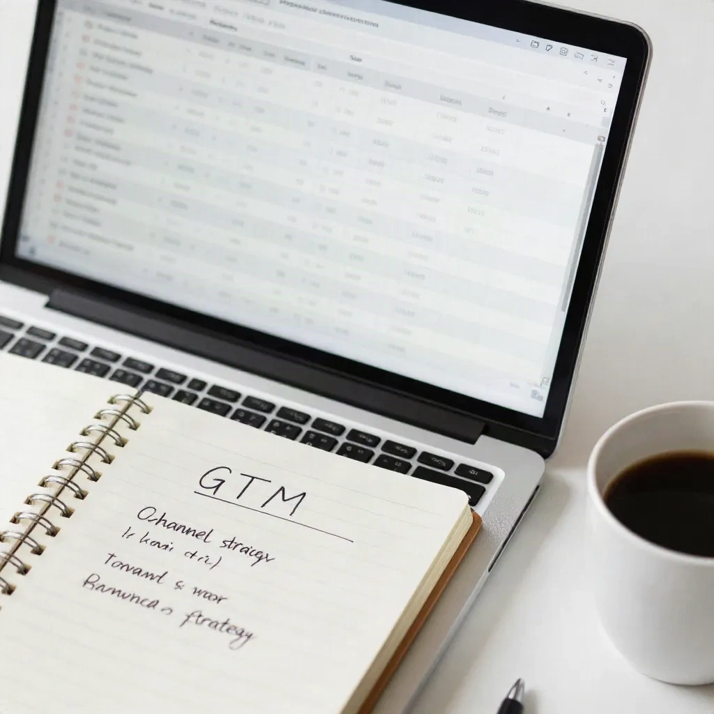 Laptop with prospect outreach spreadsheet alongside GTM channel planning notebook on a minimal desk
