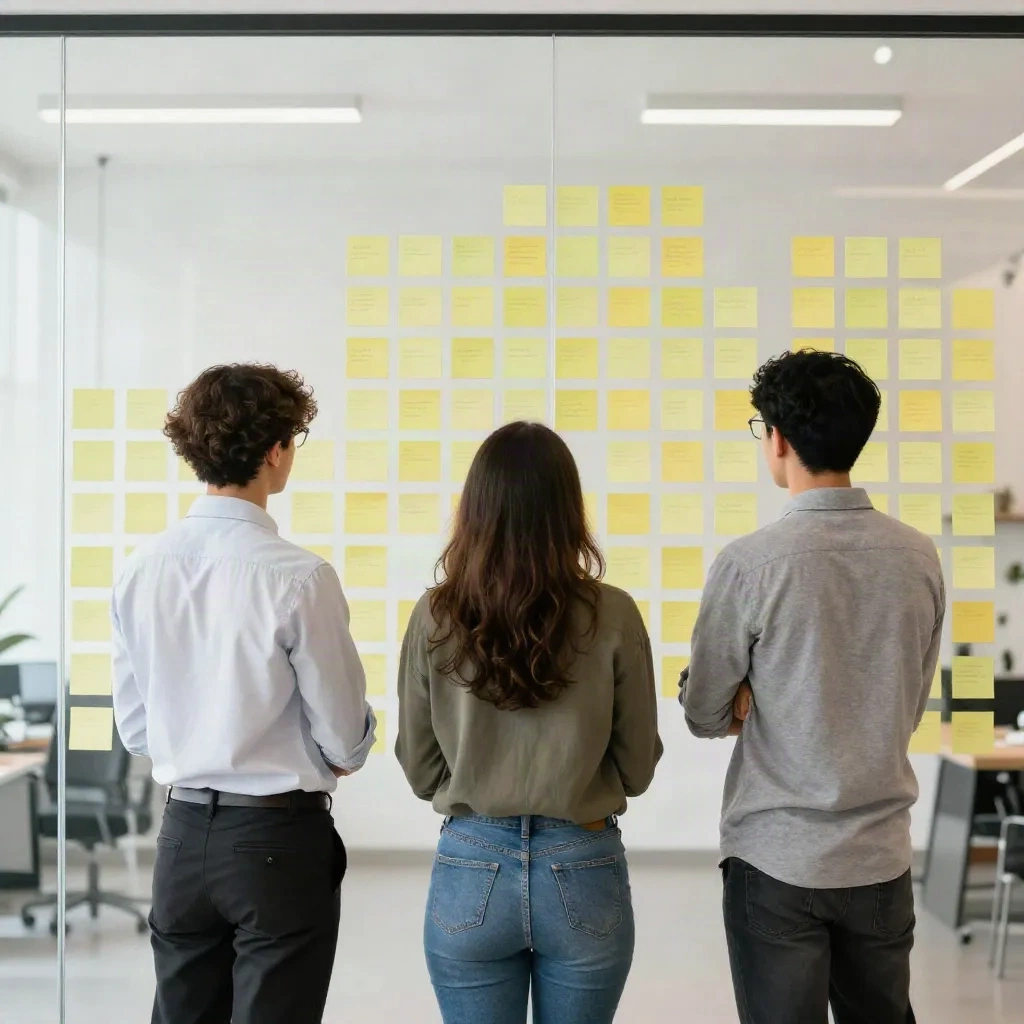Founding team standing at a glass wall covered with sticky notes