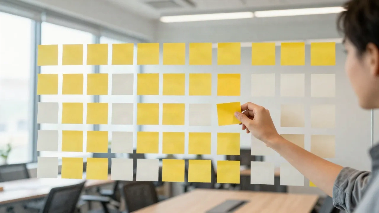 Sticky notes arranged in a grid on a glass wall in a bright meeting room while a hand adds one more