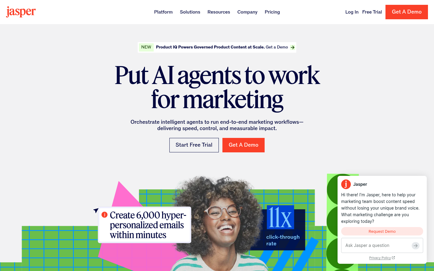 Page d'accueil de Jasper AI : mettez les agents IA au travail pour le marketing