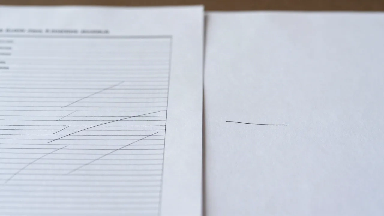 Two sheets of paper, one crowded with crossed out lines and one nearly empty