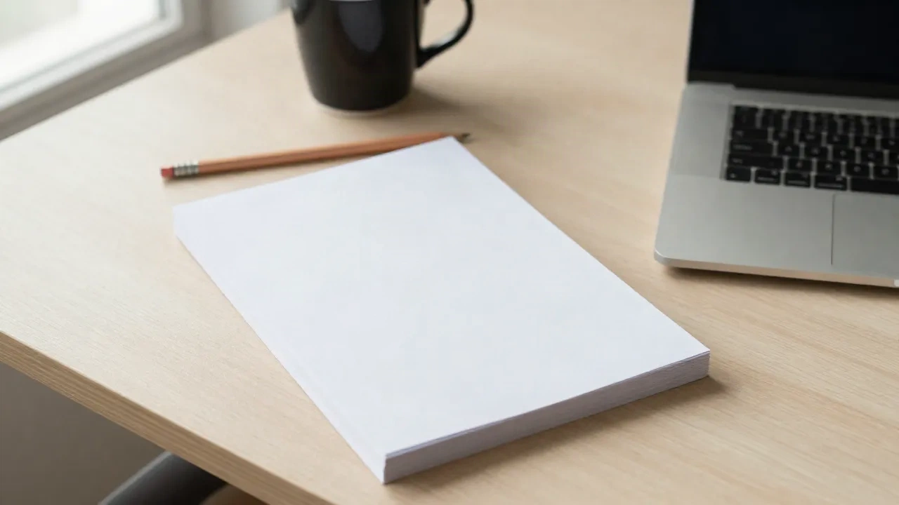 Pila di fogli bianchi su una scrivania di legno chiaro con una matita, una tazza e un laptop, pronti per una bozza di comunicato stampa