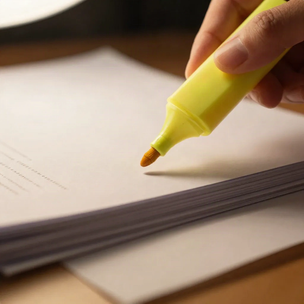 Hand holding a yellow highlighter above a stack of printed pages