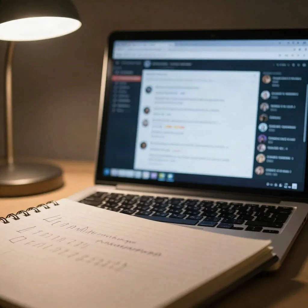 Laptop with forum threads next to a notebook of handwritten checkmarks