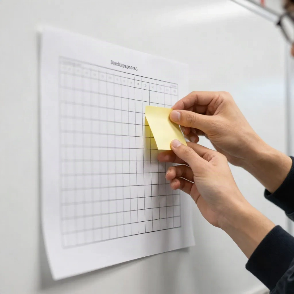 Hands placing a sticky note on a large paper grid during a workshop