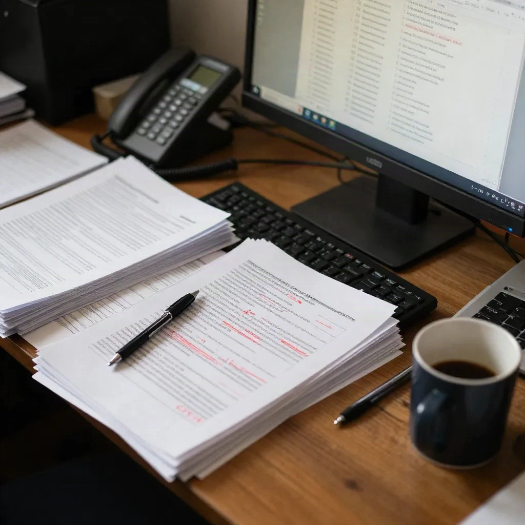 Journalist desk piled with printed releases marked in red pen next to a monitor full of unread email