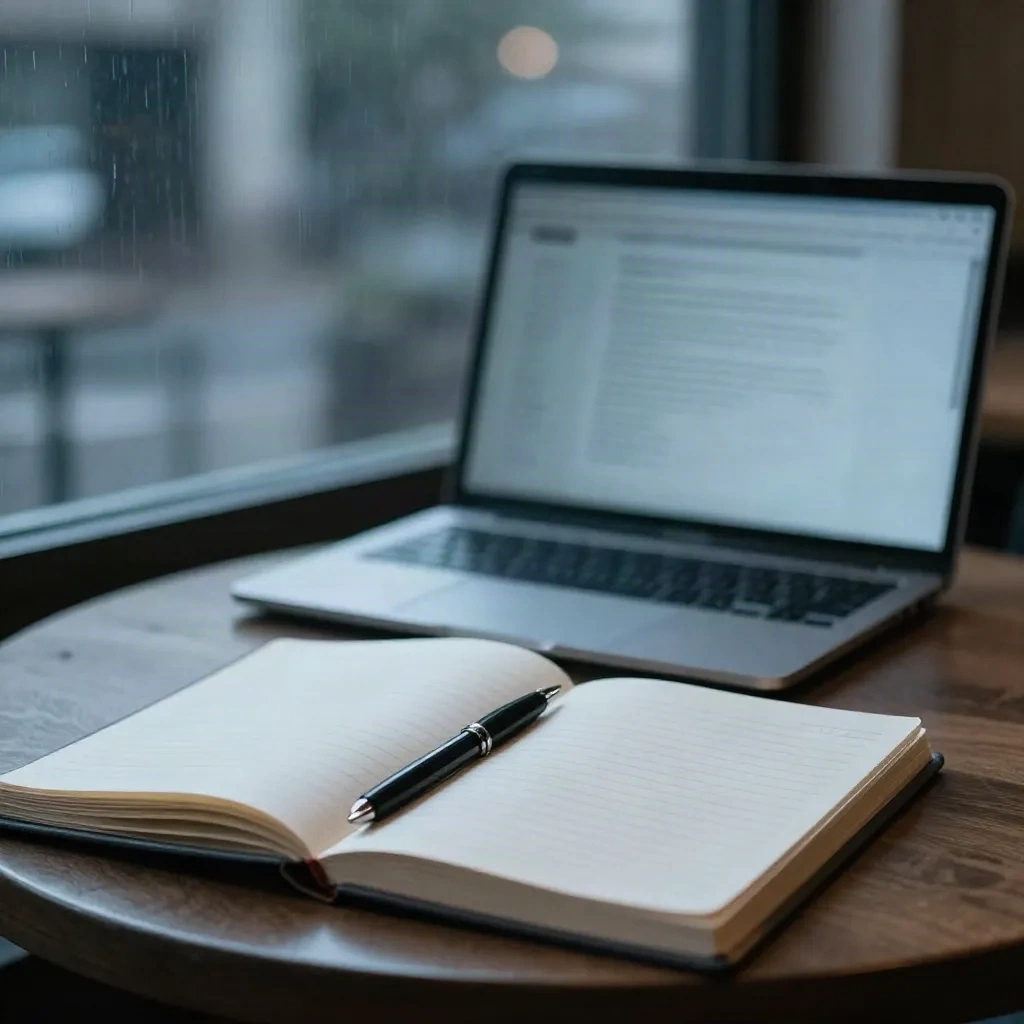 Buku catatan terbuka dan laptop di meja kafe di samping jendela yang berhujan