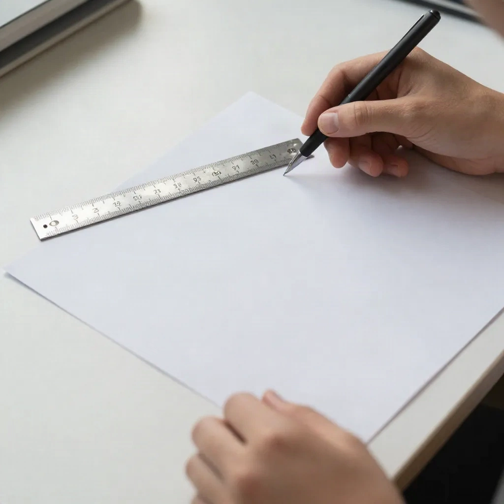 Hands holding a ruler and pen over a blank sheet during a final pre-send check