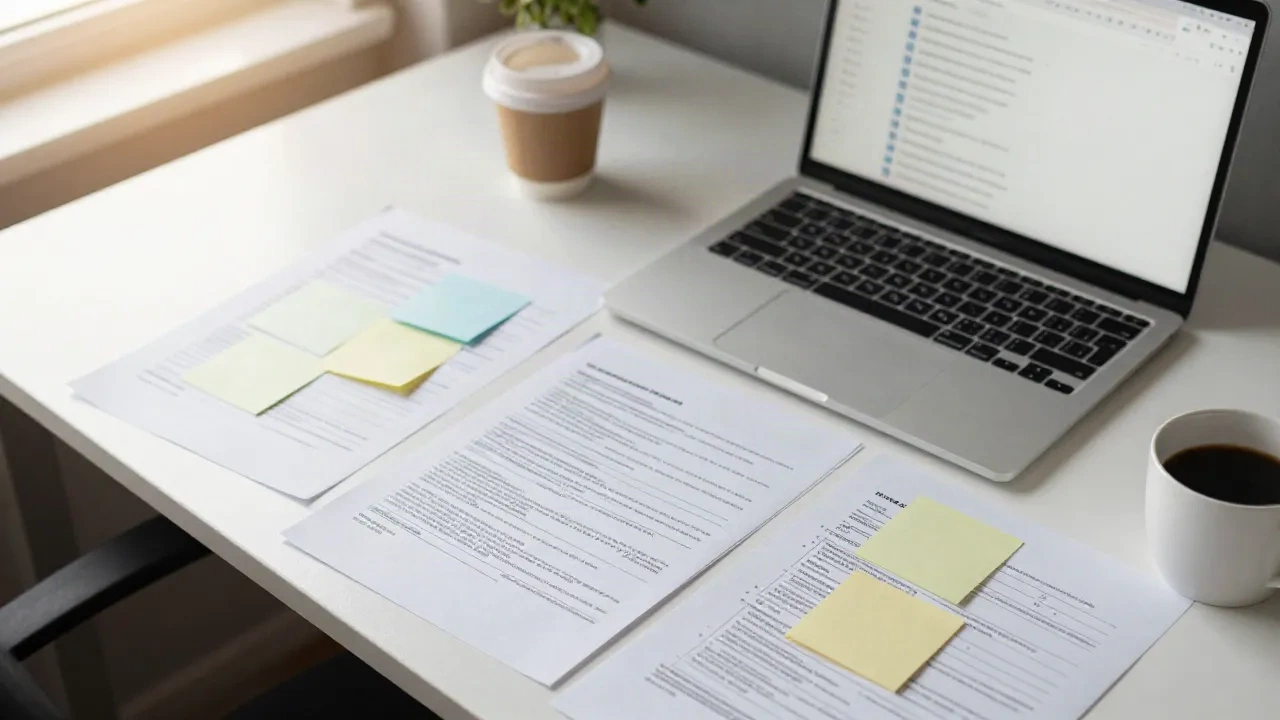 Bureau avec fiches d'enquête imprimées, post-it et ordinateur portable affichant une liste de conversations en ligne
