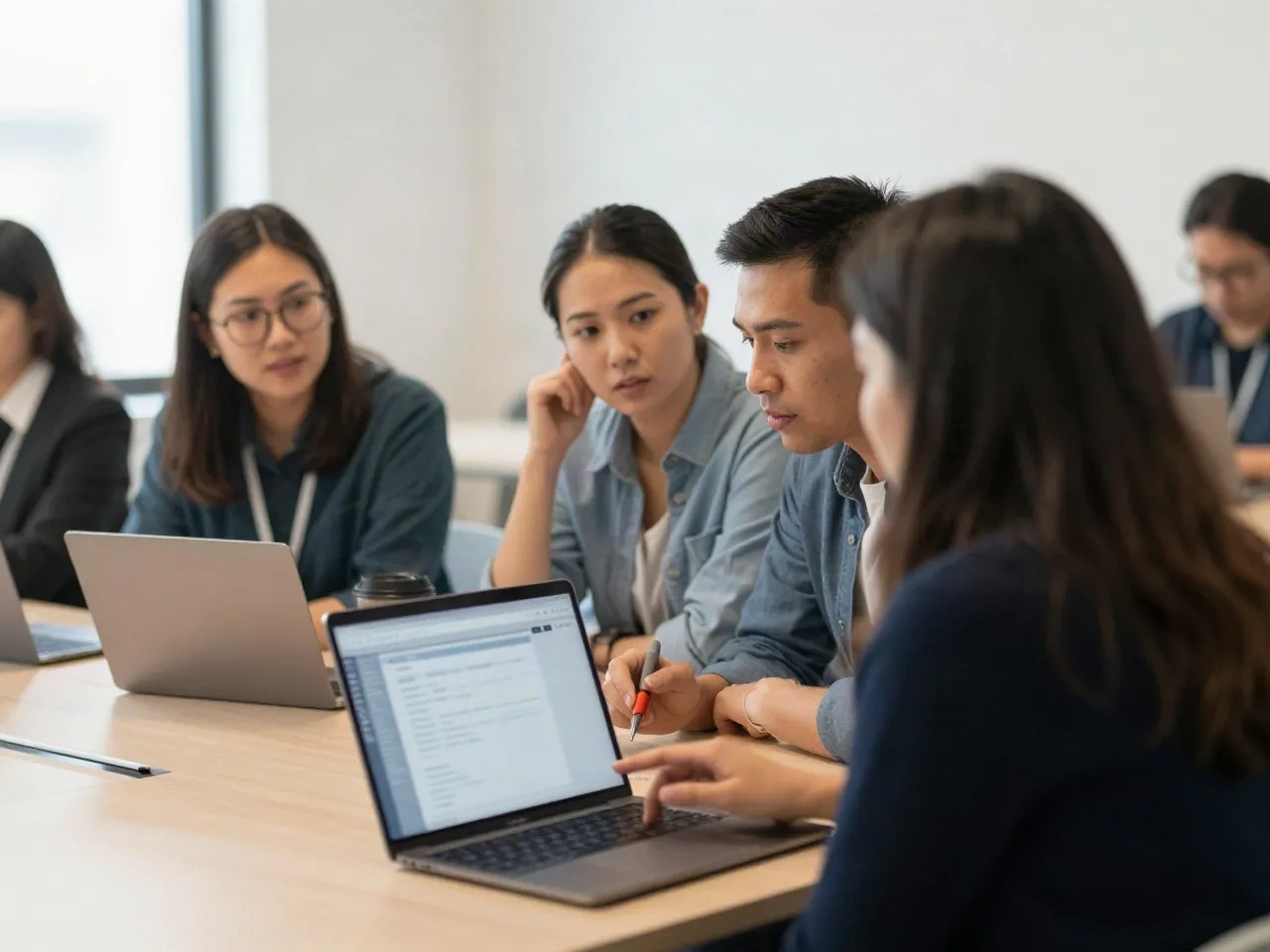 Startup team planning a product launch around a laptop
