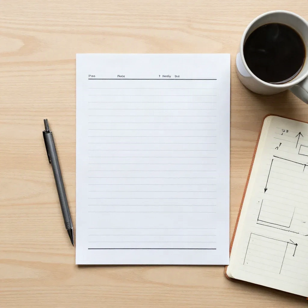 Blank ruled worksheet, pencil, coffee and a sketch notebook on an oak desk