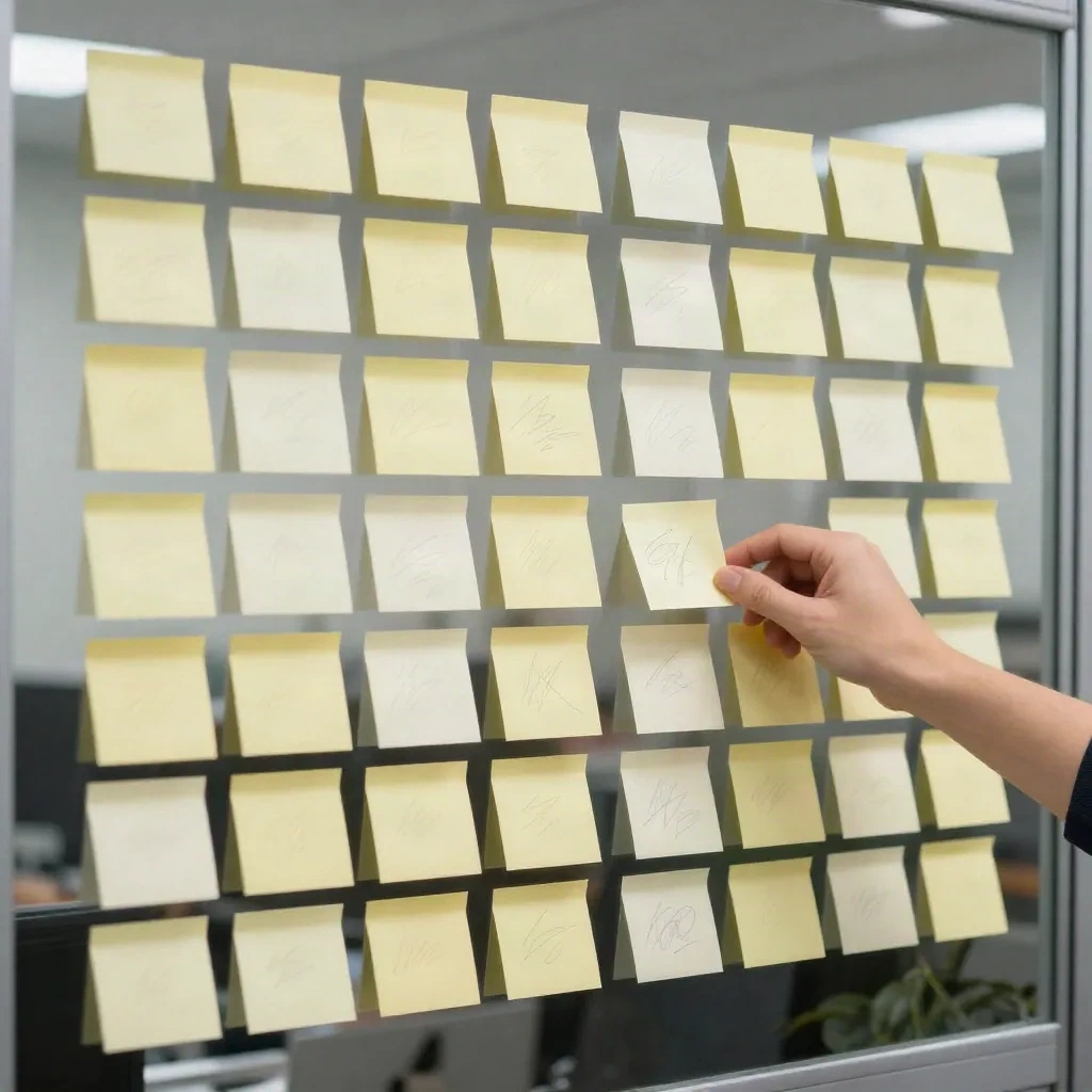 Hand placing a sticky note on a glass wall covered with columns of sticky notes