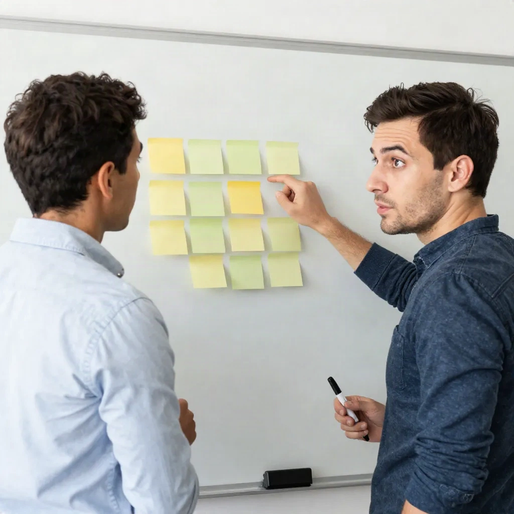 Two colleagues at a whiteboard questioning a cluster of sticky notes