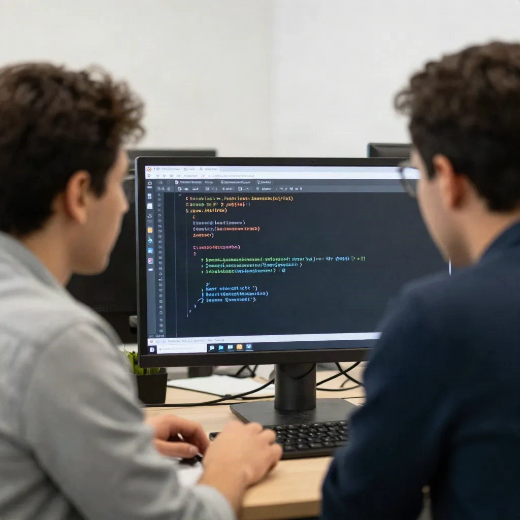 Two developers collaborating on a code review session at a shared monitor