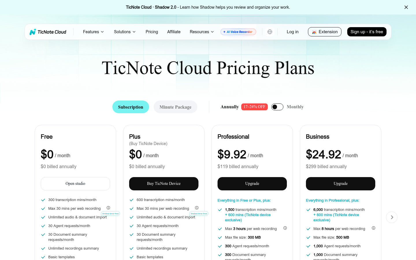 TicNote Cloud pricing page showing the 300-minute Free tier cap