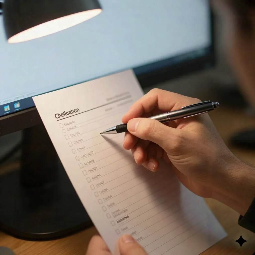 Close-up of a hand crossing off an item on a paper checklist taped to a monitor
