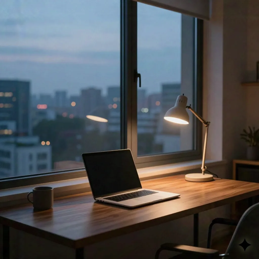 Quiet home office at dusk with a closed laptop and a single desk lamp lit against city lights