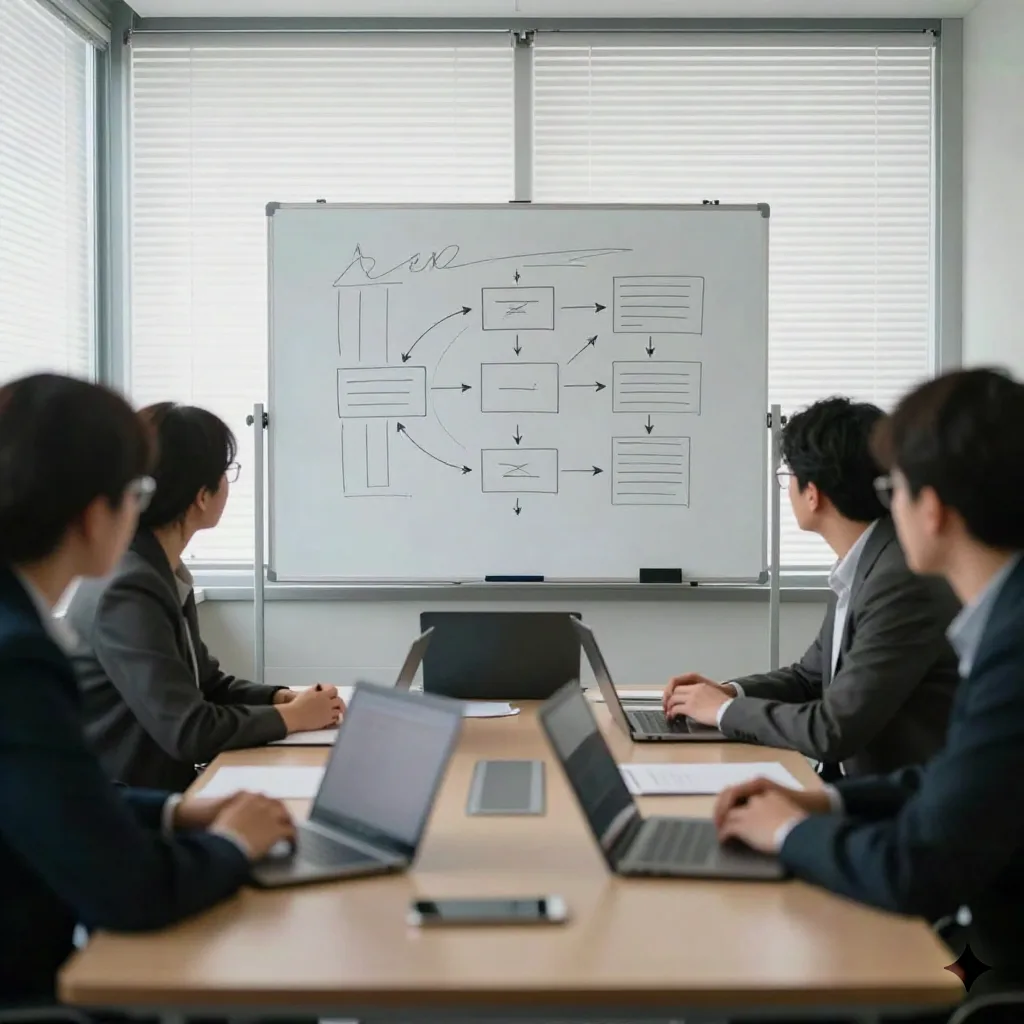 Small conference room mid-meeting with blurred silhouettes and a whiteboard sketch in the background