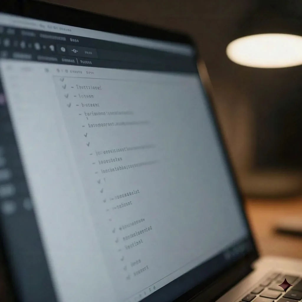Extreme close-up of a laptop screen showing a blurred plain-text checklist in a dark terminal theme