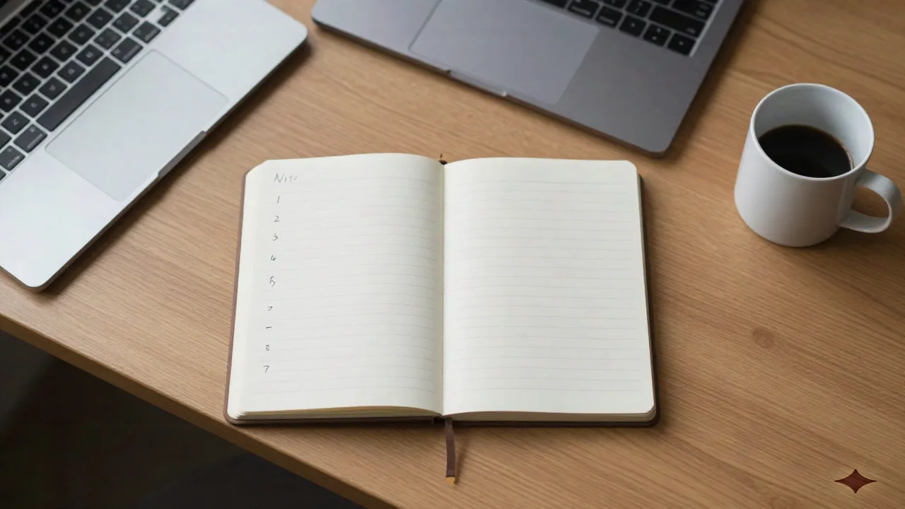 Overhead flat-lay of a desk with a handwritten checklist notebook, keyboard and closed laptop