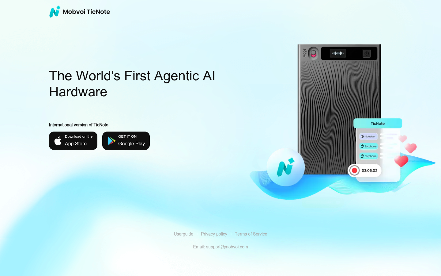 TicNote Cloud download page linking to the App Store and Google Play listings