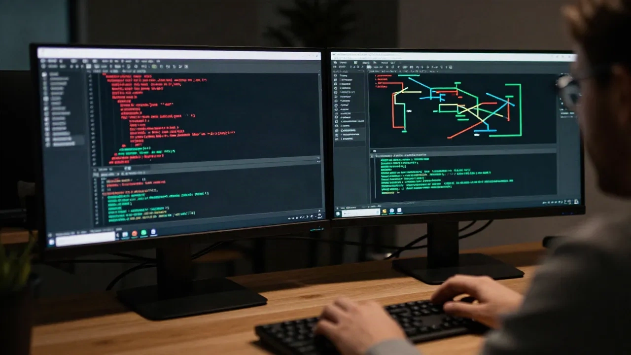 A developer monitors AI-generated code complexity on dual screens, revealing hidden technical debt in a modern software project