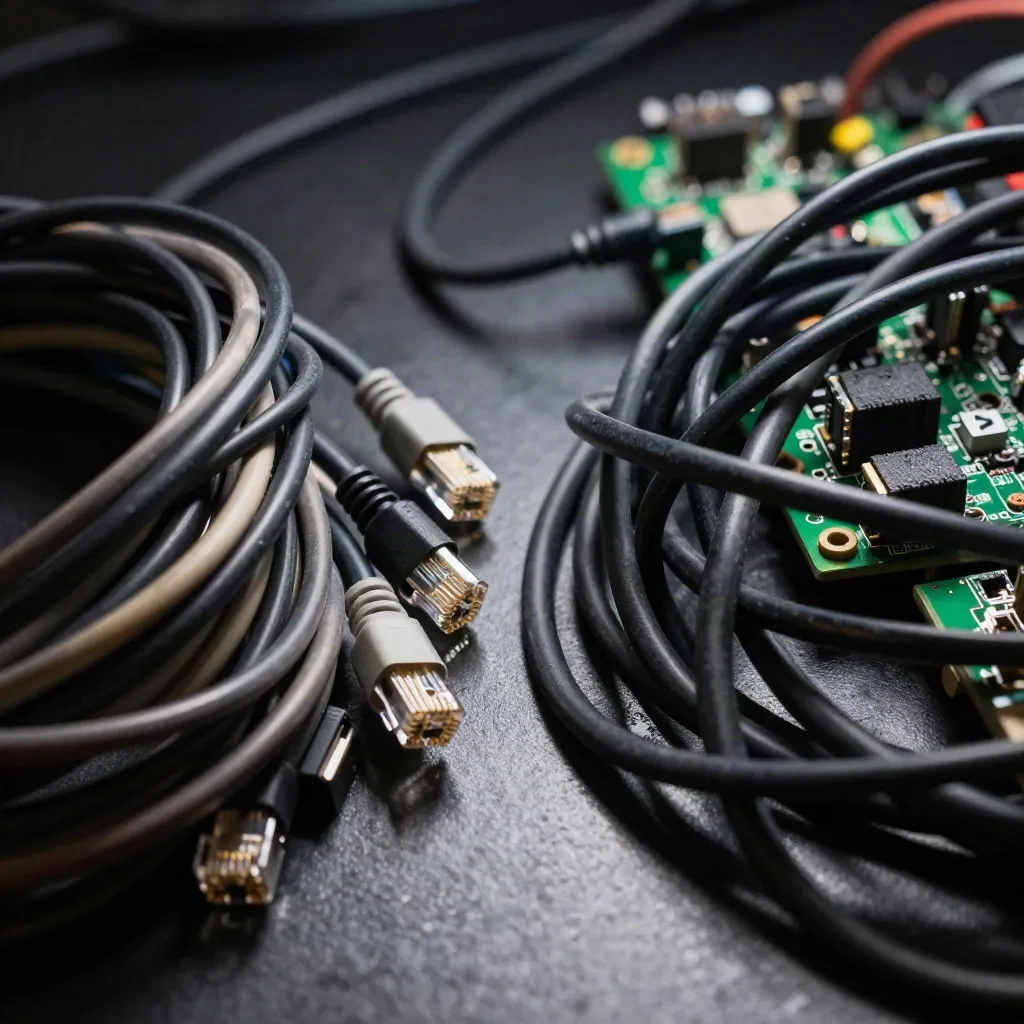 Tangled cables beside neatly bundled ones: a visual metaphor for AI technical debt accumulation in a codebase