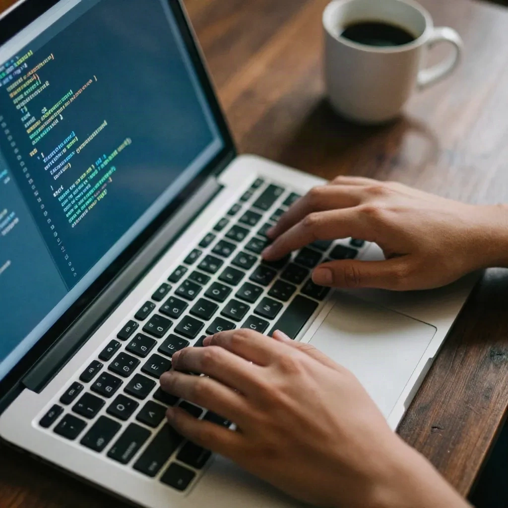 Developer hands typing at a laptop with code on the screen, dark workspace