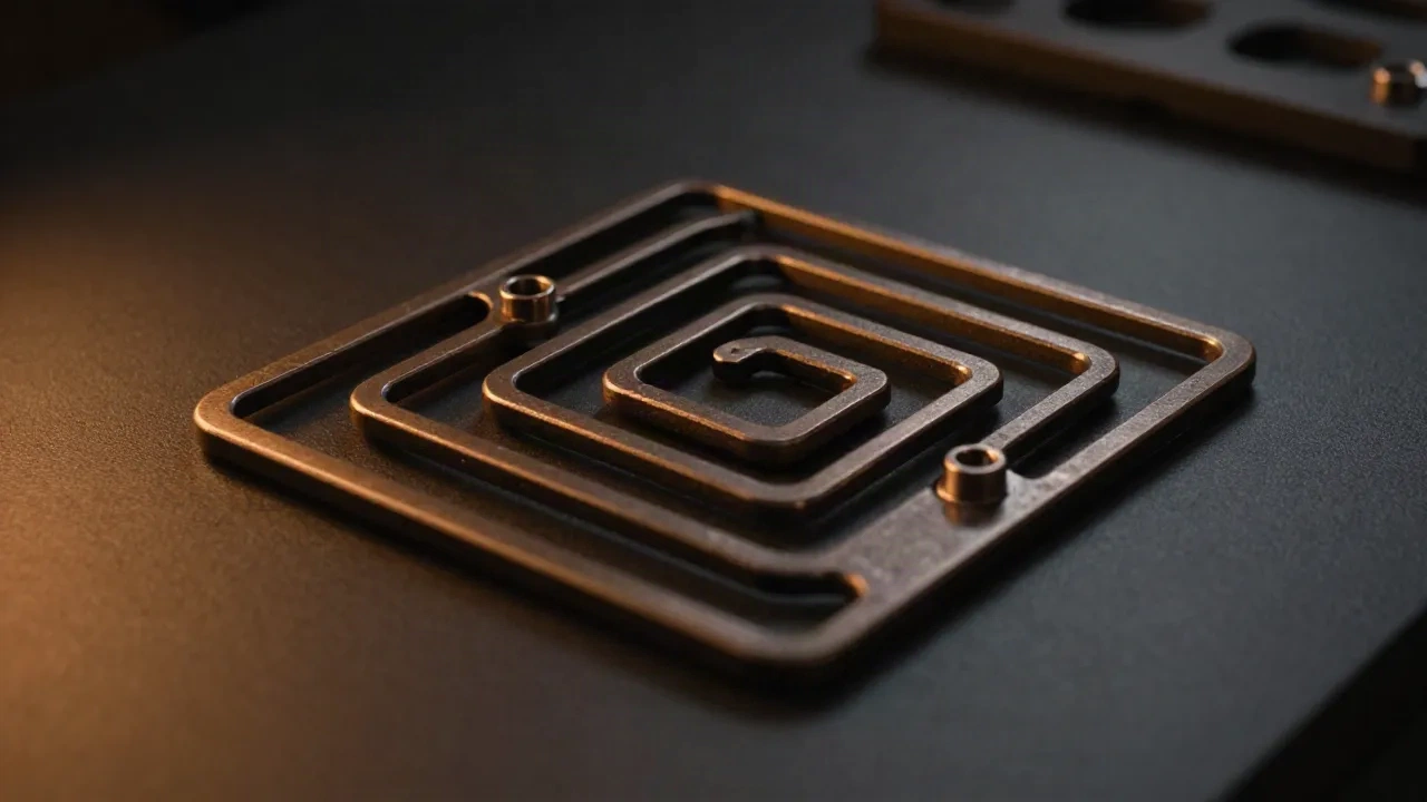 Abstract nested bronze brackets on a dark desk, representing nested JSON structure