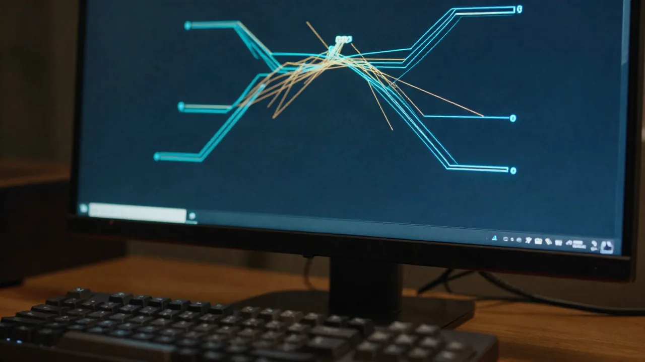 Dark monitor screen glowing with an abstract branching control-flow graph on a wooden desk at night