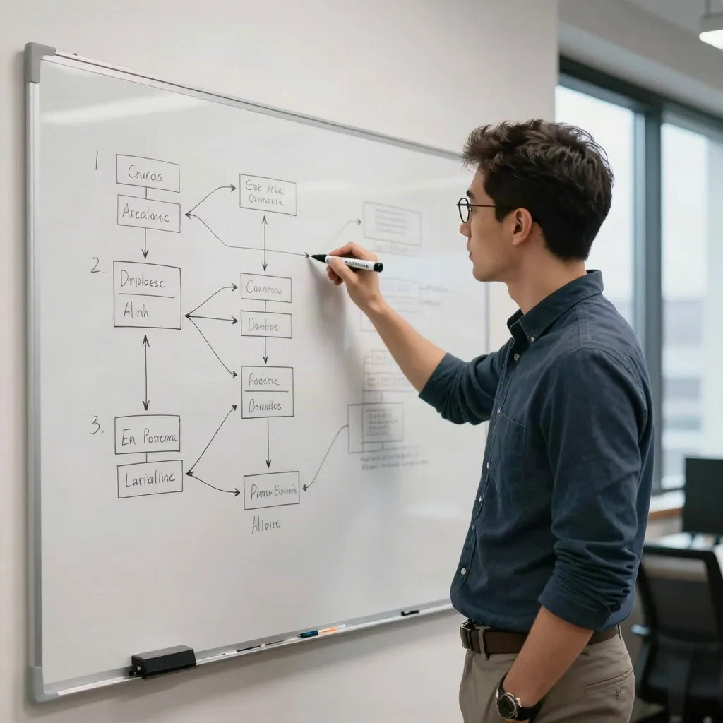 An engineer reviews software architecture diagrams, working through the layers where AI-generated code has accumulated hidden debt