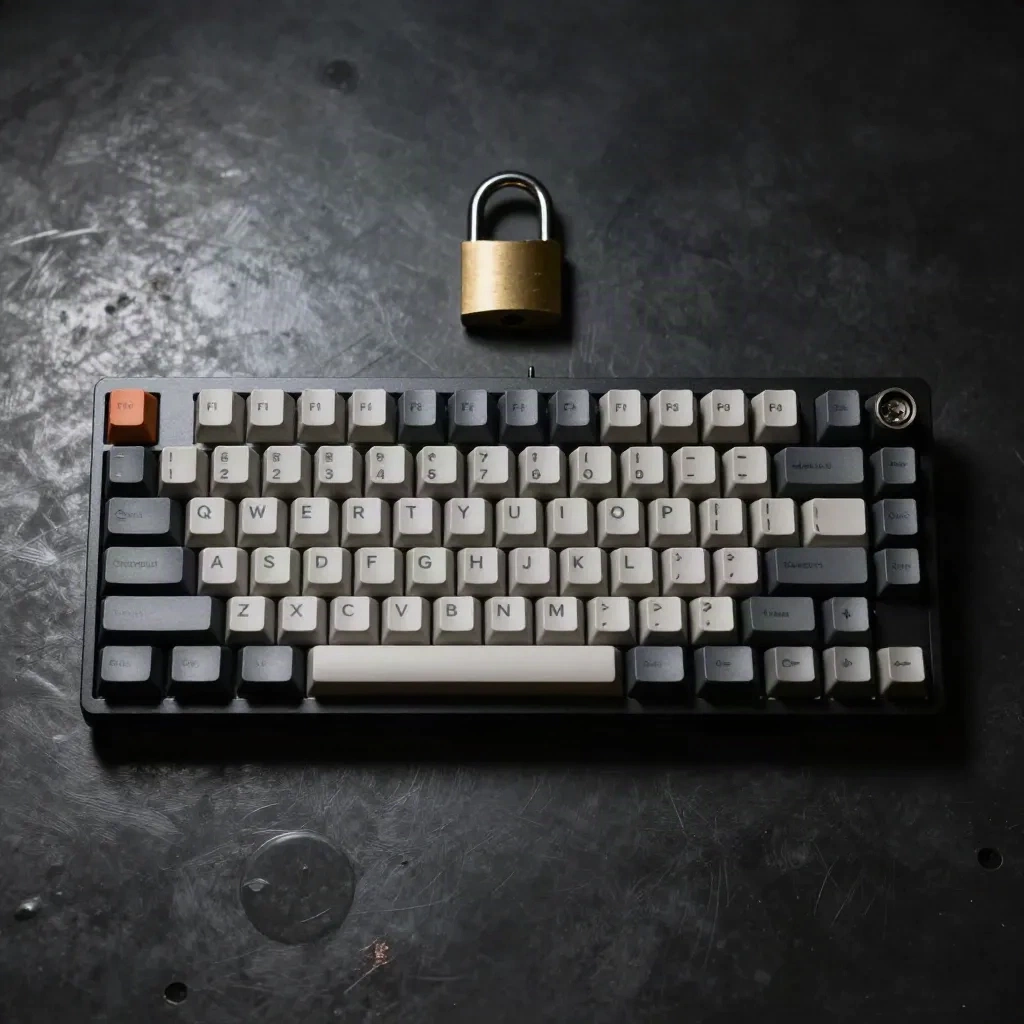 Mechanical keyboard and padlock on dark surface, code security concept